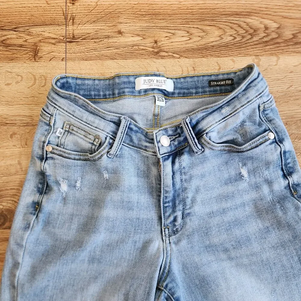 Judy Blue Straight Fit Jeans Women’s 3/26 High Rise Denim Raw Hem Distress - Picture 7 of 15